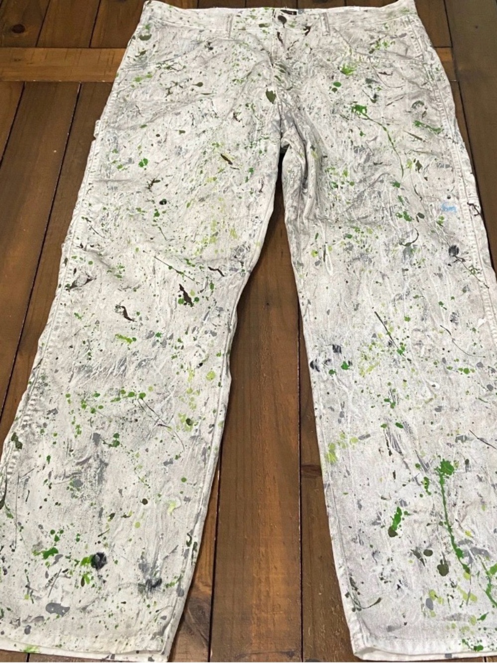 Wrangler Men's White Paint-Splatter Painter Pants with Green and Gray Accents